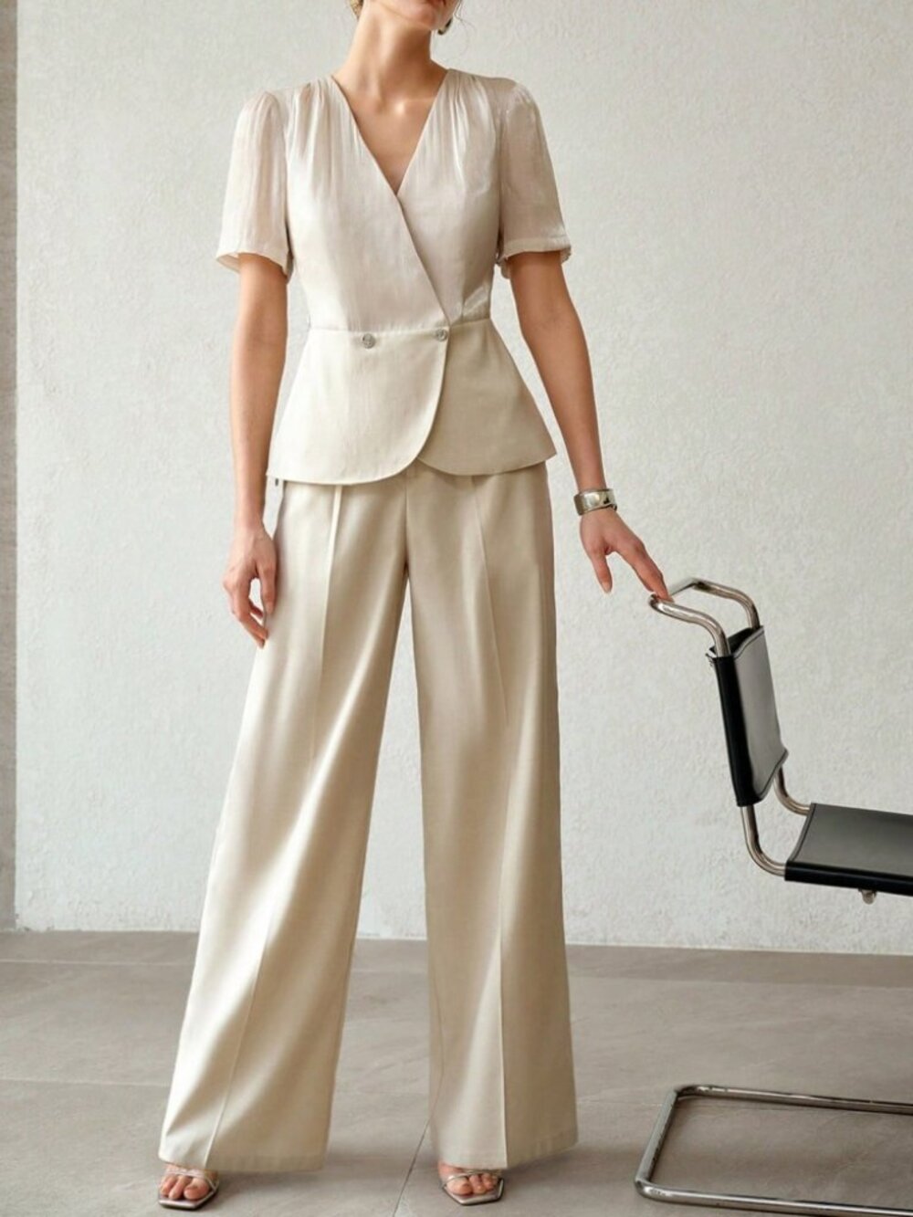Cream Wrap Peplum Top & Wide Leg Pants Two Piece Pantsuit Set